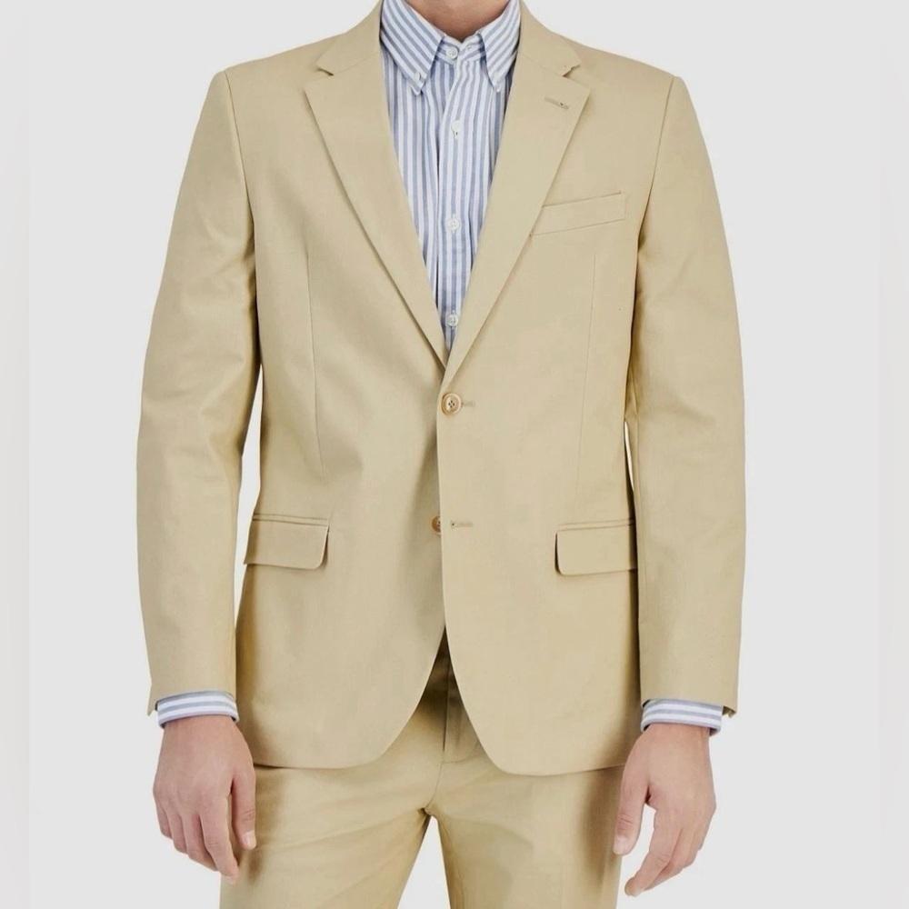 Nautica Gaff Mens Modern-Fit Cotton Stretch 2 Piece Suit Solid Tan Jacket Pants